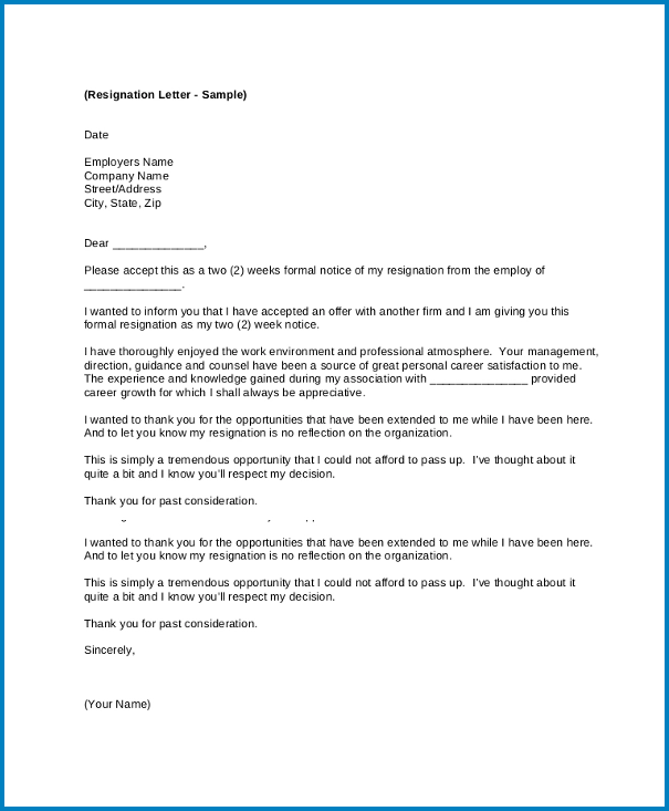 Sample of Formal Letter Of Resignation Template