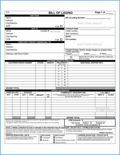 √ Free Printable Generic Bill Of Lading Form