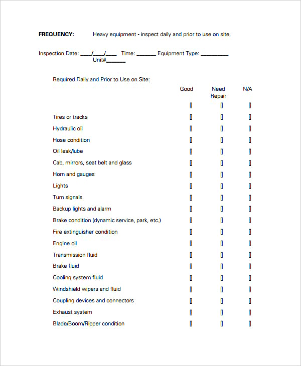 Sample of Heavy Equipment Maintenance Log Template