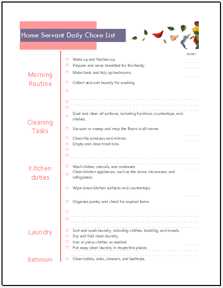 Sample of Home Servant Daily Chore List Template