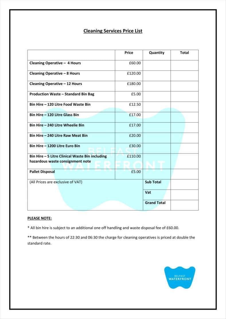 Sample of House Cleaning Services Price List Template