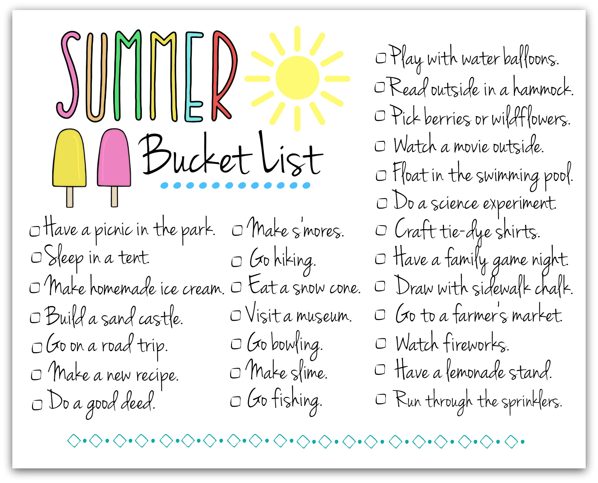 Sample of Kid's Summer Activities Checklist Template