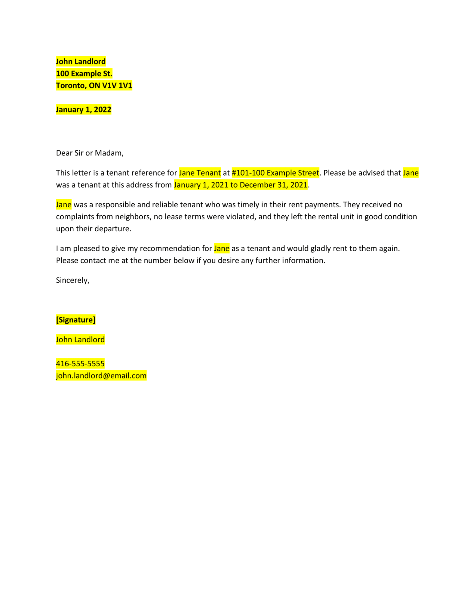 Sample of Landlord Recommendation Letter for a Tenant | Templateral