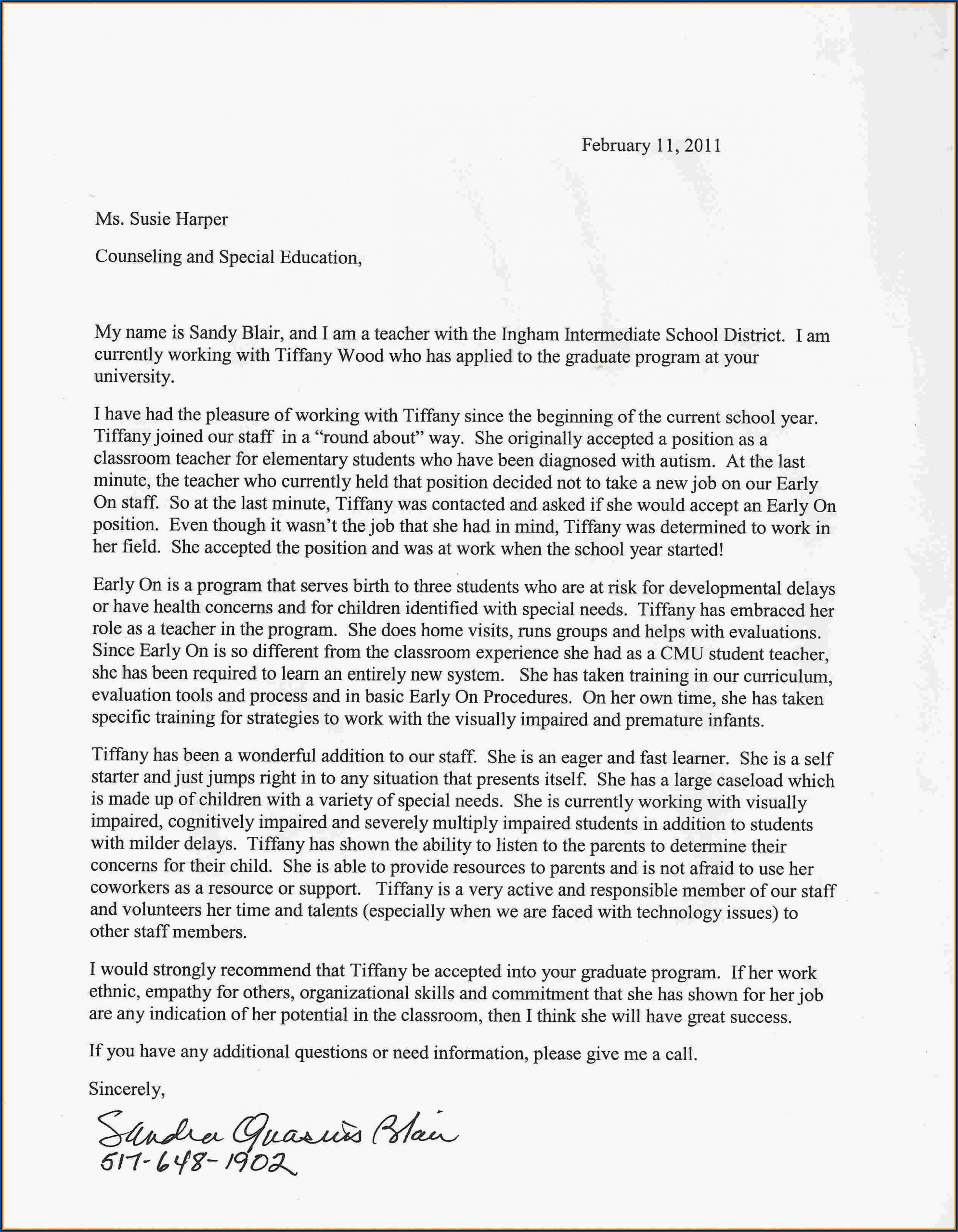 Sample Letter Of Recommendation Graduate School Pdf