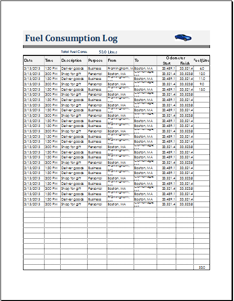 Sample of Monthly Fuel Consumption Worksheet Template