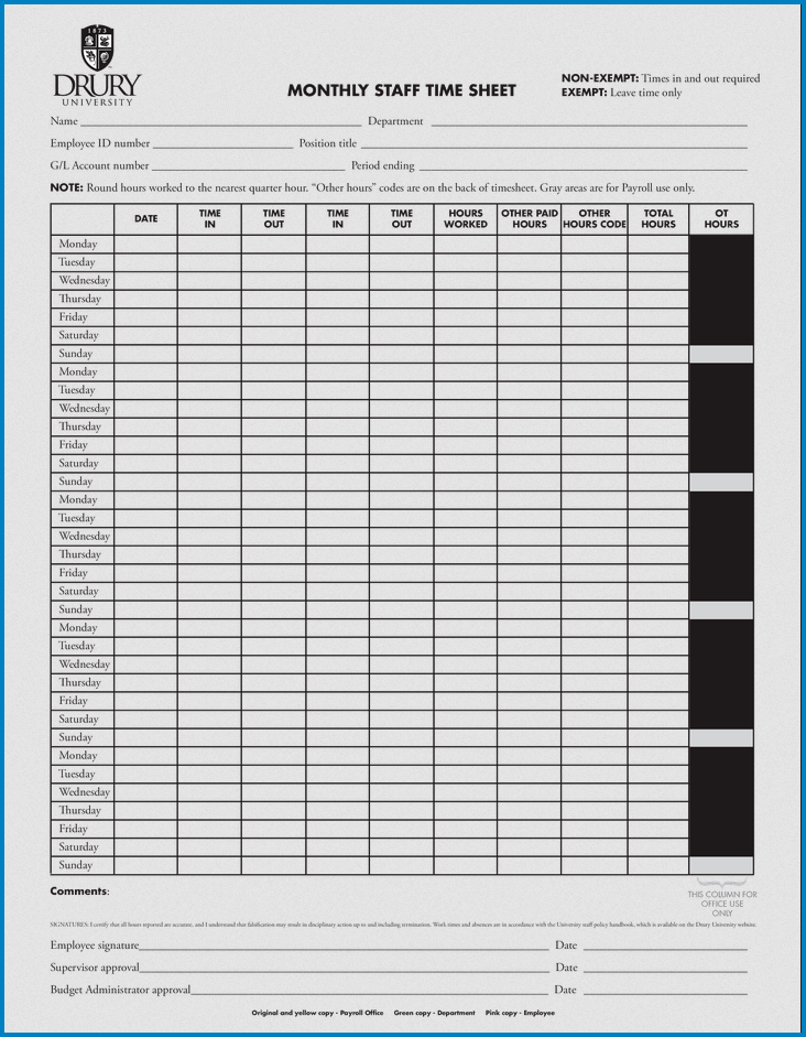 Sample of Monthly Timesheet Template Excel