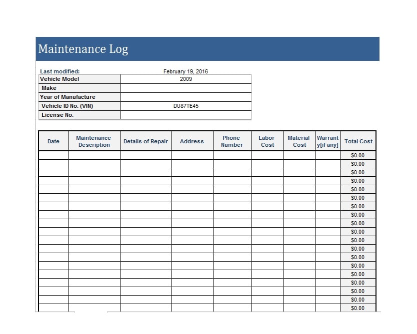 Sample of Office Maintenance Log Template