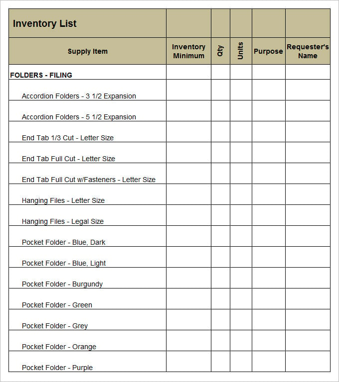 Sample of Office Supply Inventory List Template