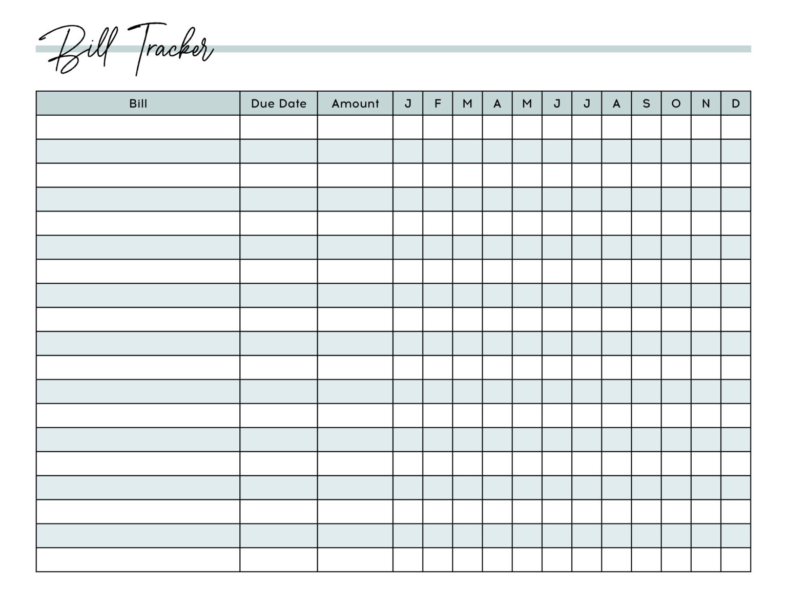 Sample of One Year Bill Organizer Worksheet Template