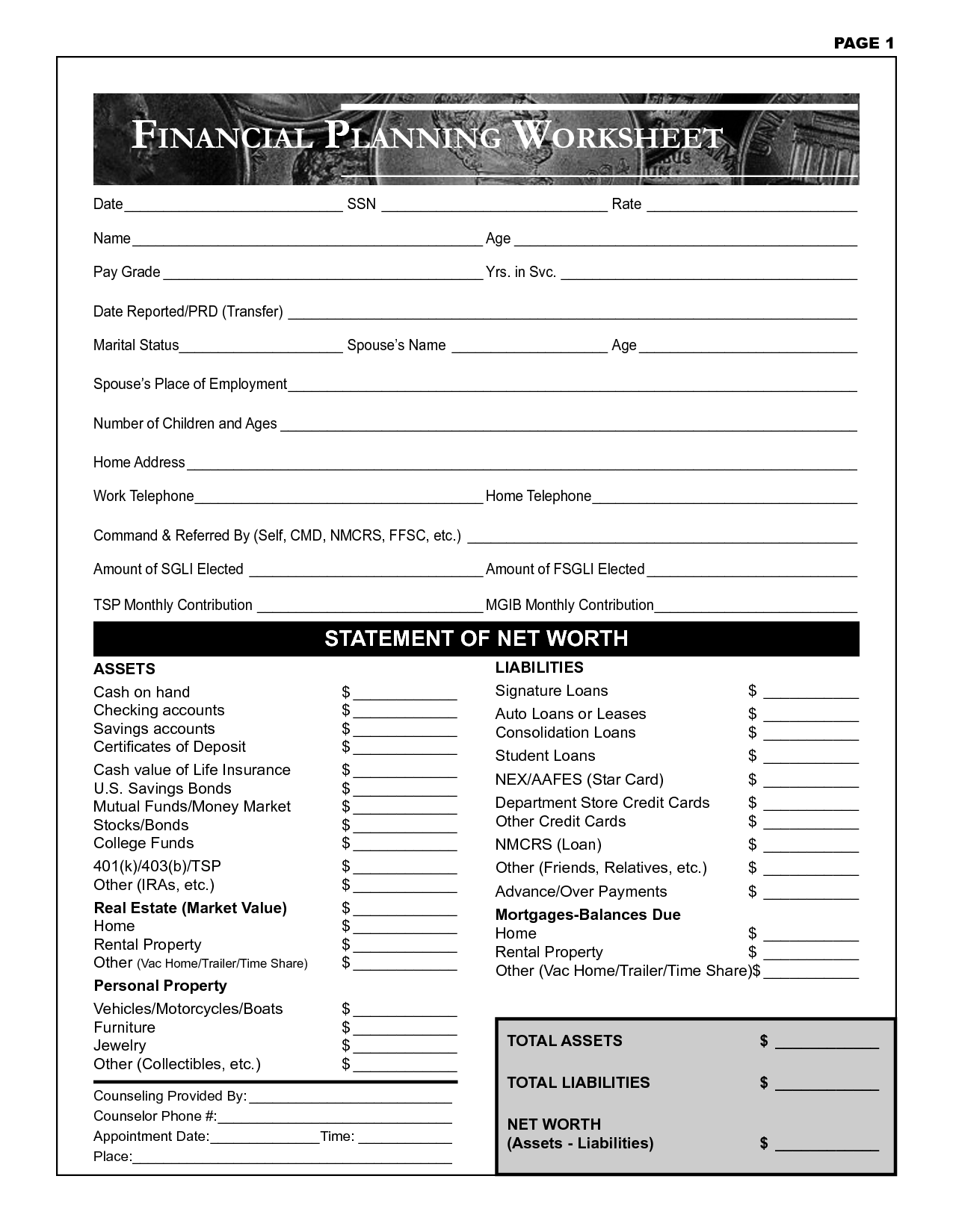 Sample of One year Financial Planning Worksheet Template