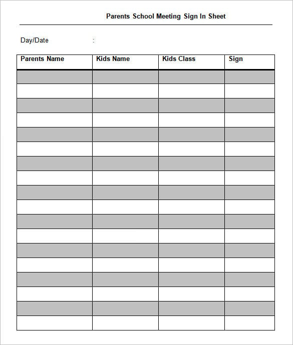 Sample of Parents School Meeting Sign in Sheet Template