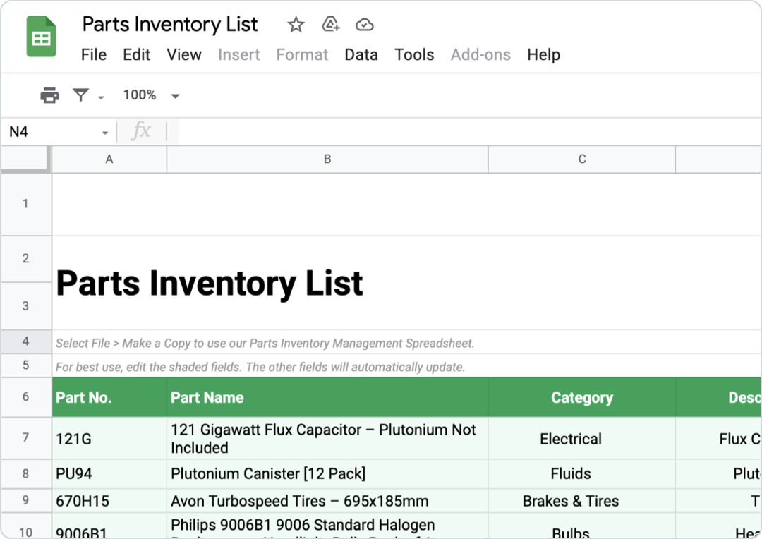 Sample of Parts Inventory Spreadsheet Template