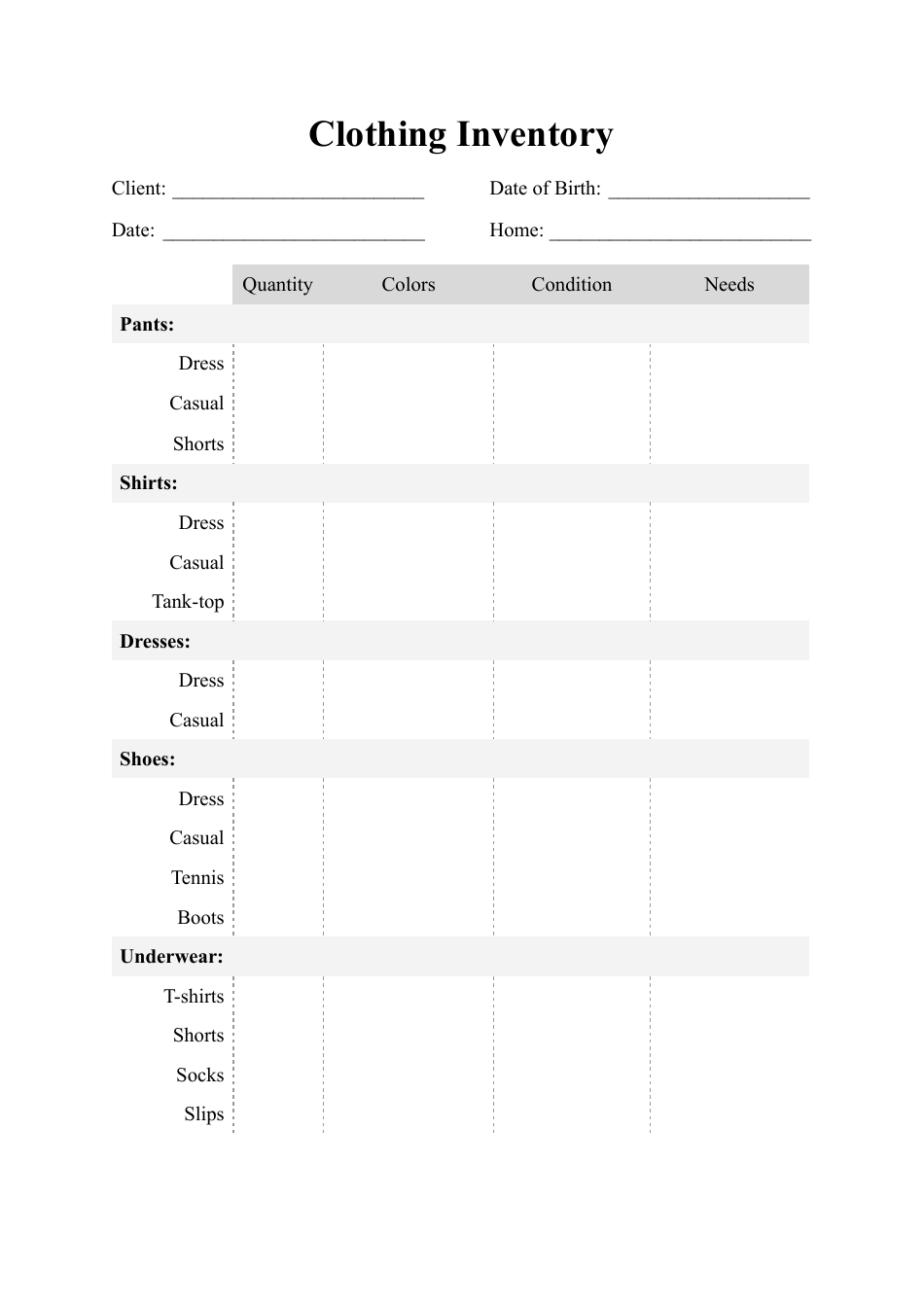 Sample of Party Attire Inventory Template