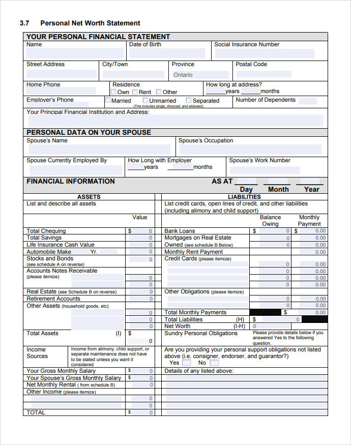 Sample of Personal Net Worth Statement Template