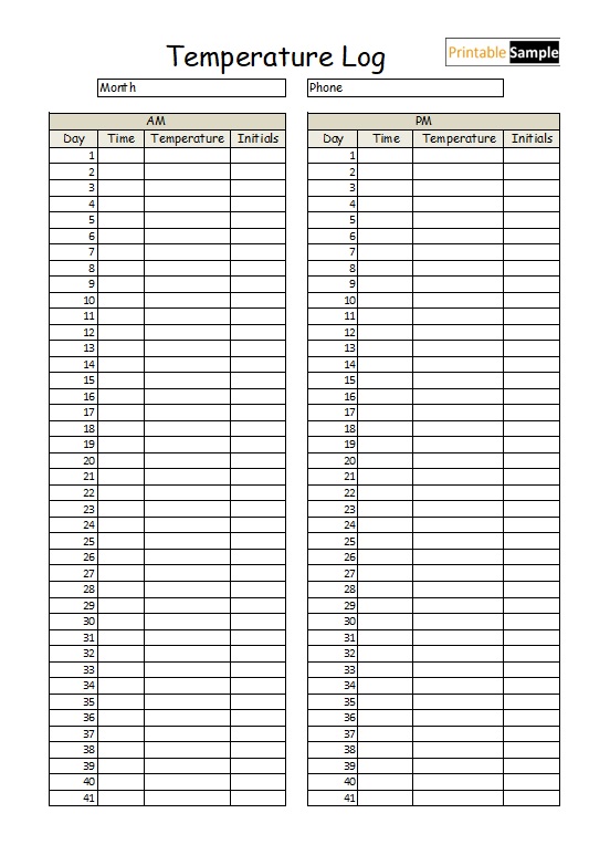 Sample of Personal Temperature Log Template