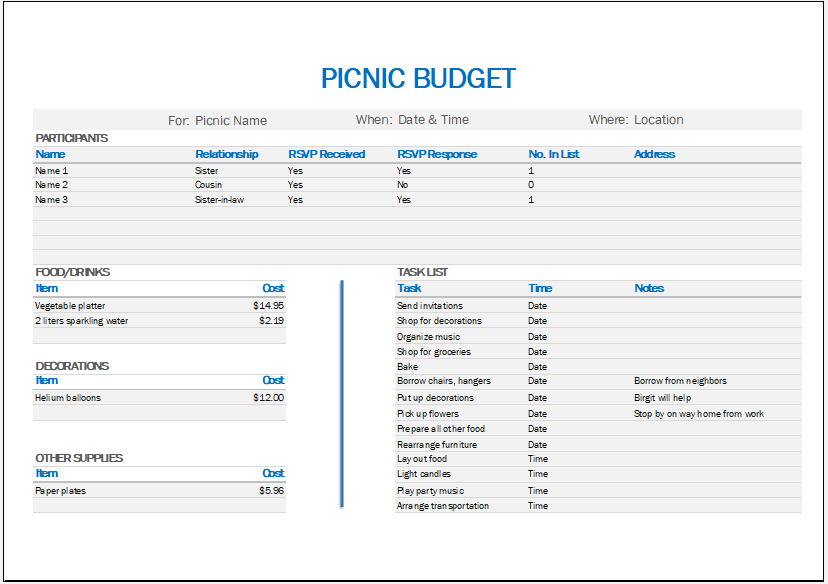 Sample of Picnic Budget Template