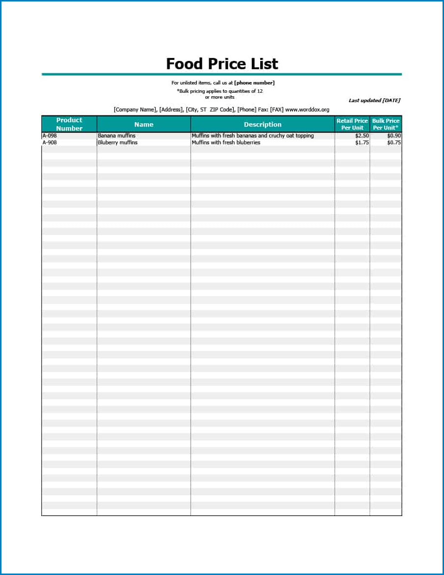 Sample of Price List Template