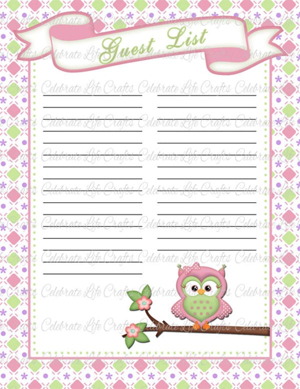 Sample of Printable Baby Shower Guest List Template