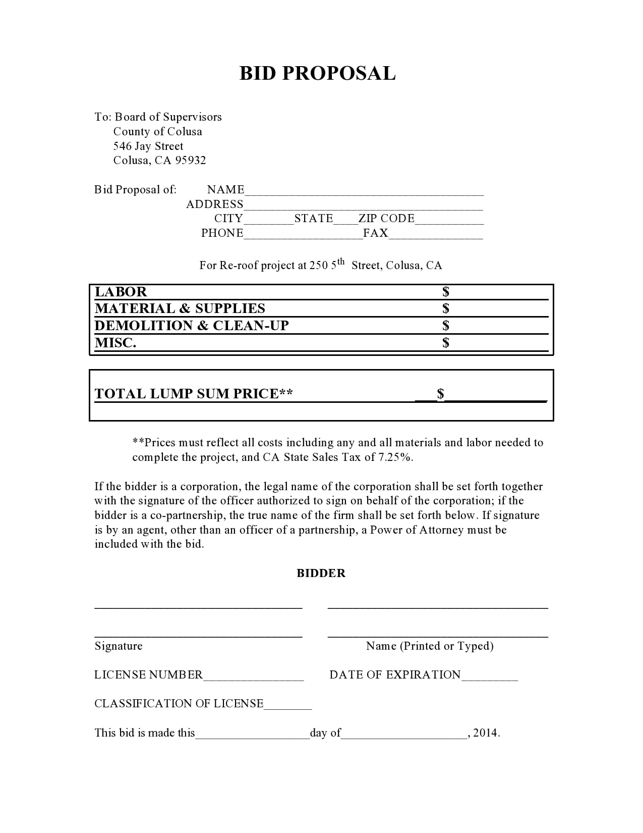 Sample of Printable Bid Proposal Template