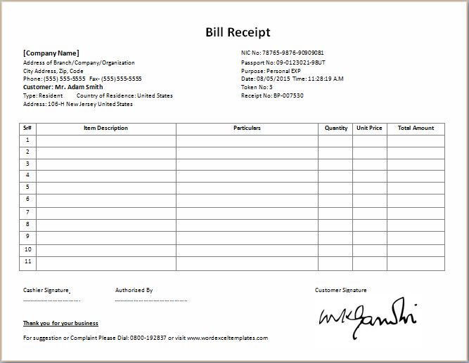 Sample of Printable Bill Receipt Template