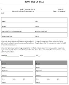 Sample of Printable Bill of Sale for Boat Form