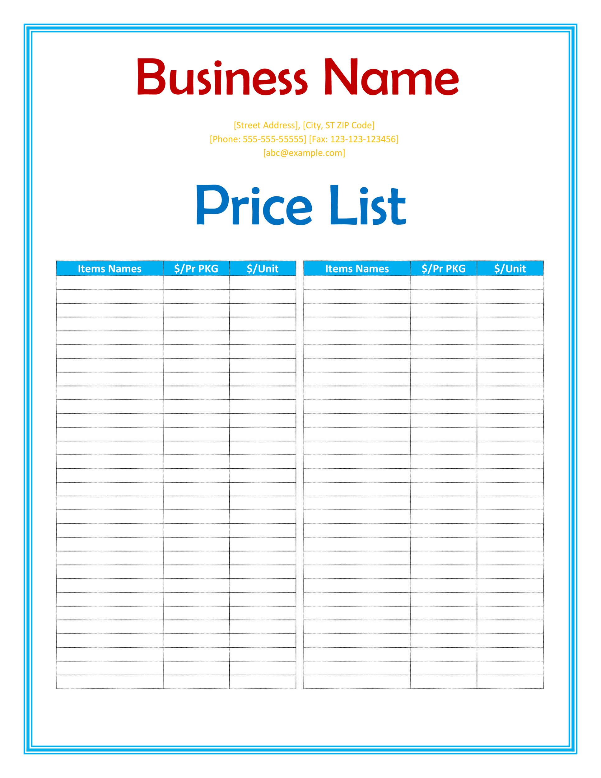 Sample of Printable Business Price List Template