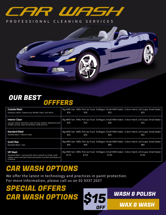 Sample of Printable Car Wash Price List Template