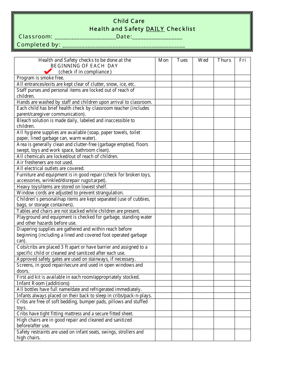 Sample of Printable Children Safety Checklist Template