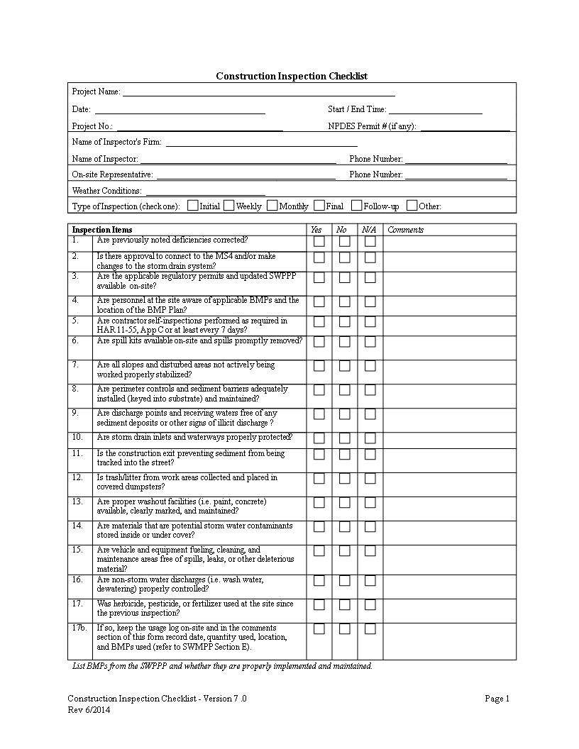 Sample of Printable Construction Site Checklist Template