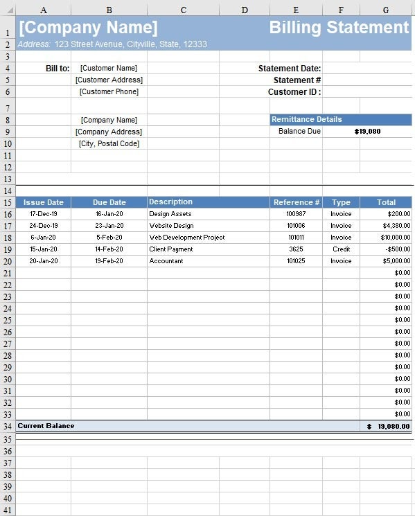 Sample of Printable Customer Account and Balance Form