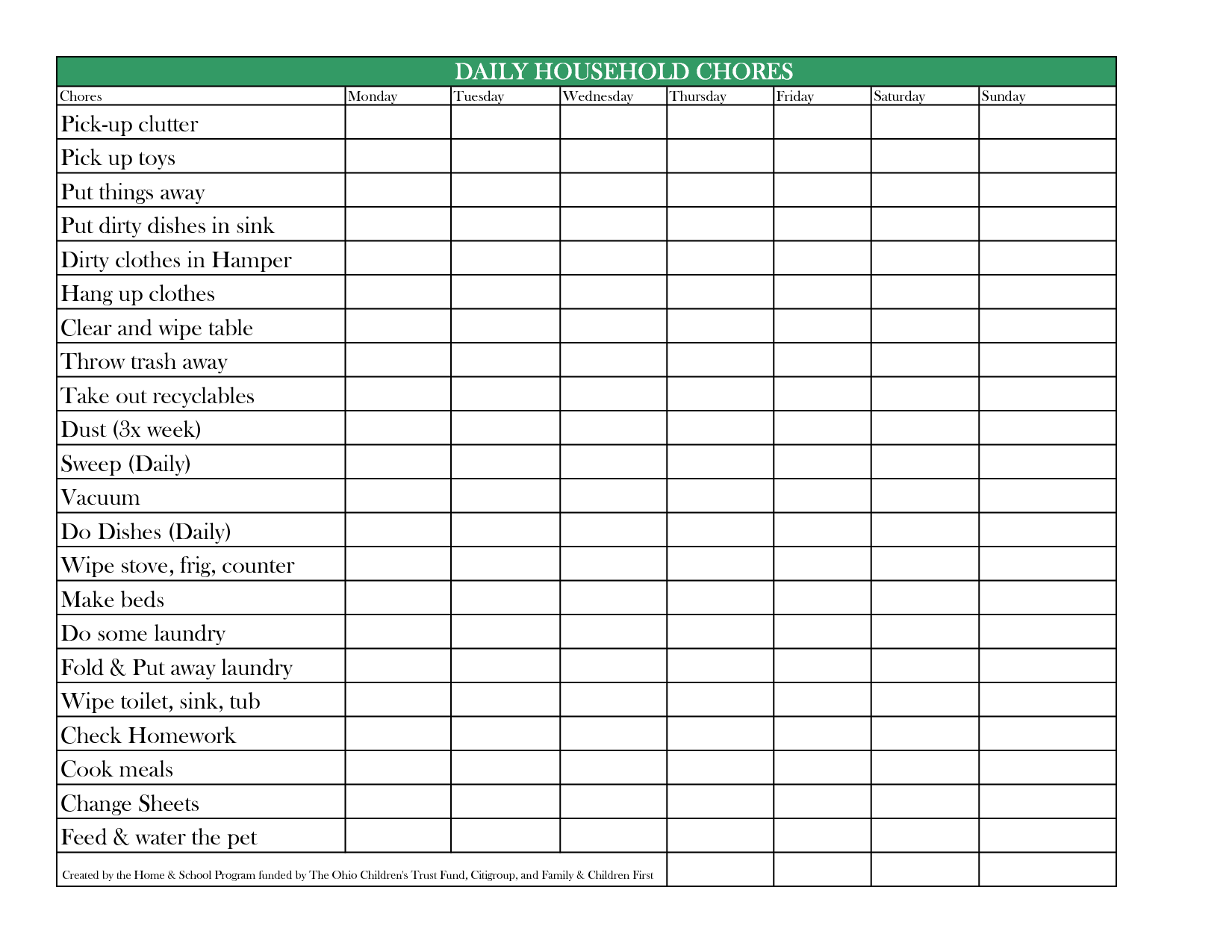 Sample of Printable Daily Chore List Template