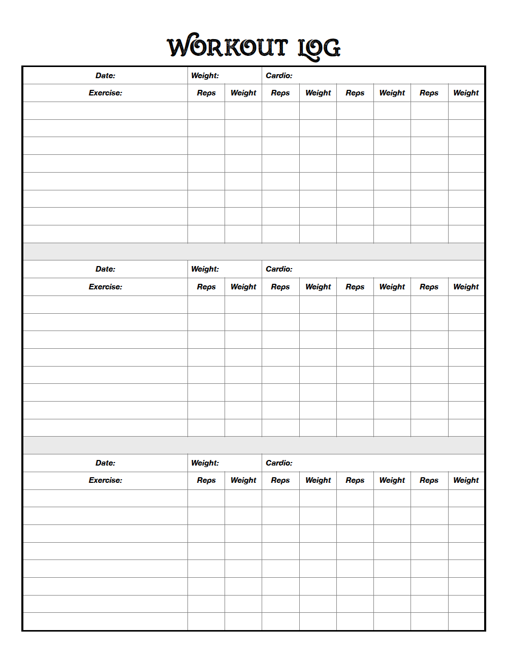 Sample of Printable Daily Workout Log Template