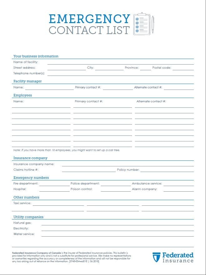 Sample of Printable Emergency Contact List Template