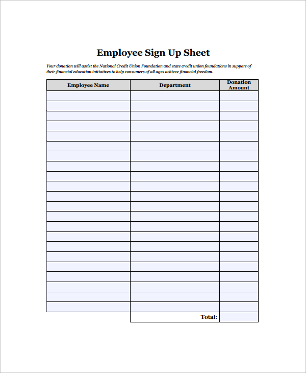 Sample of Printable Employee Sign in Sheet Template