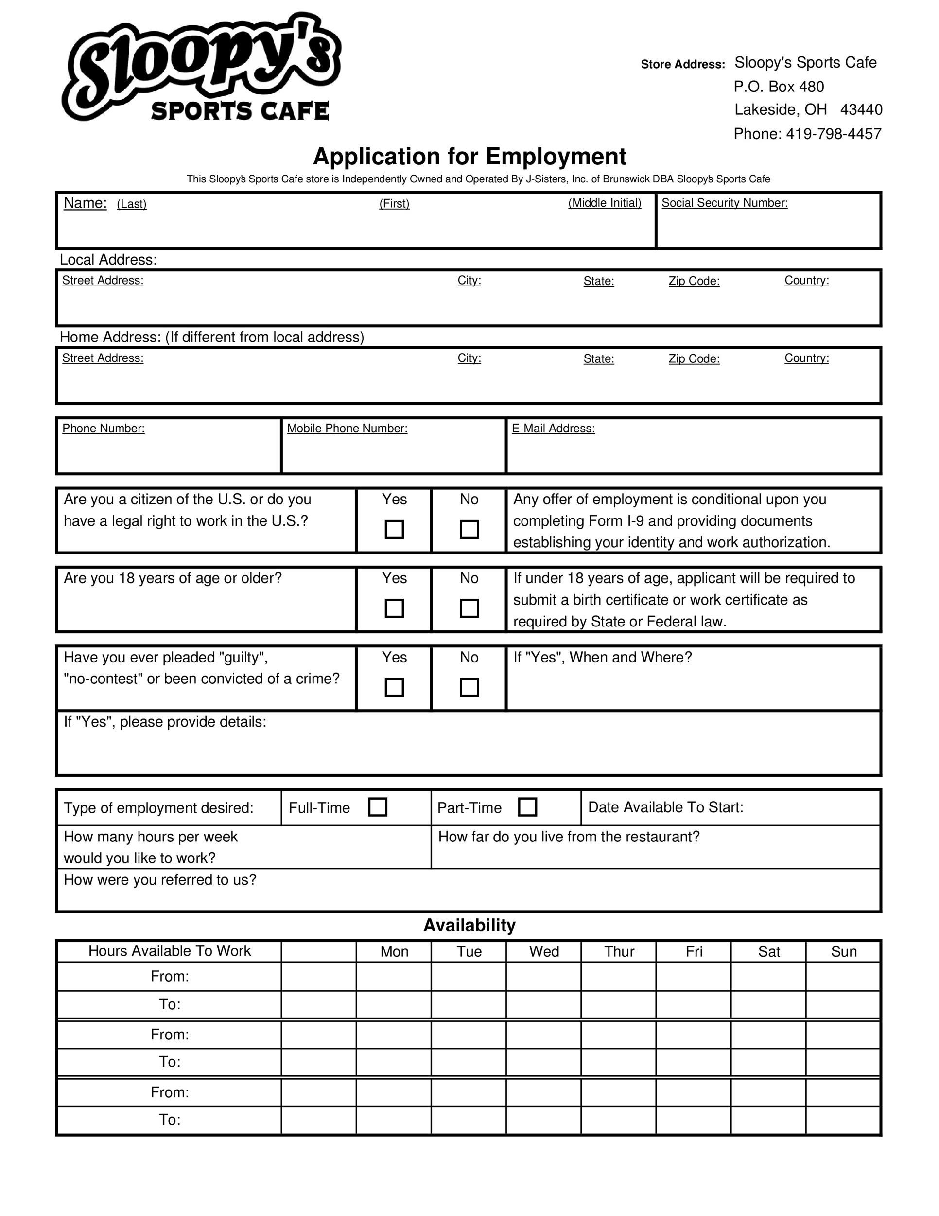 Sample of Printable Employment Application Template