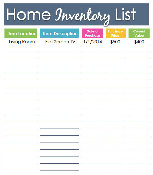 Sample of Printable Home Inventory Template