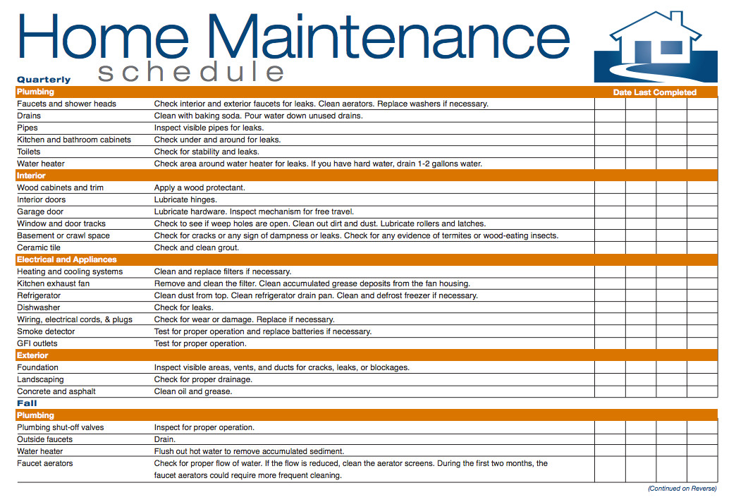 Sample of Printable Home Maintenance Schedule Template