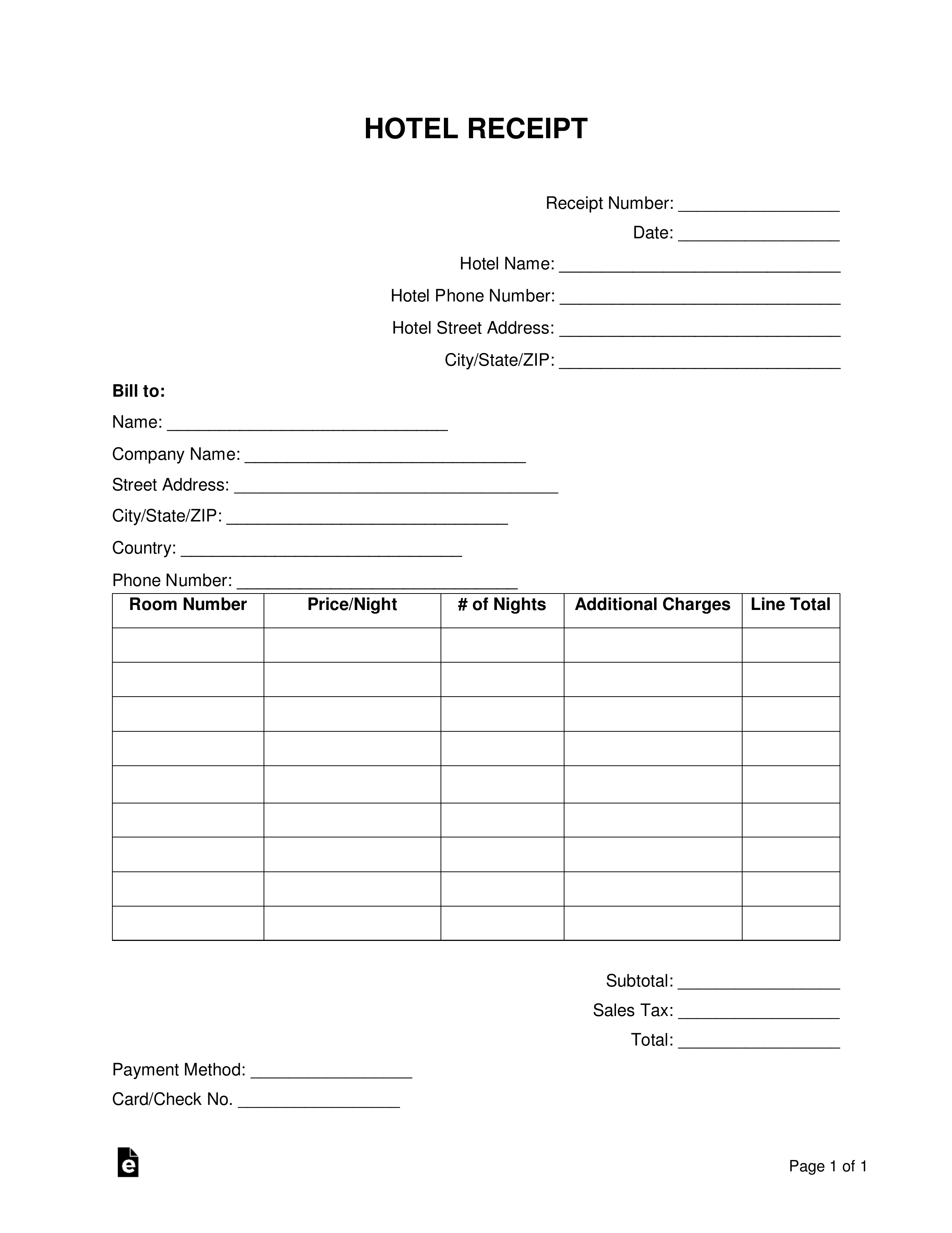 Sample of Printable Hotel Receipt Template