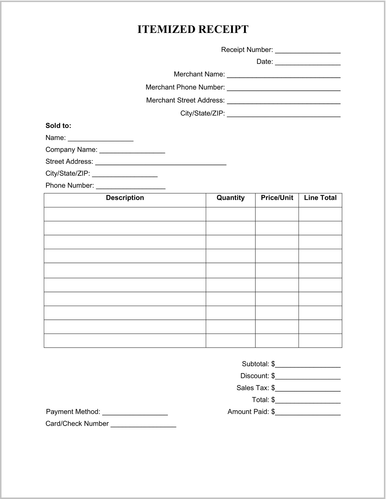 Sample of Printable Itemized Receipt Template