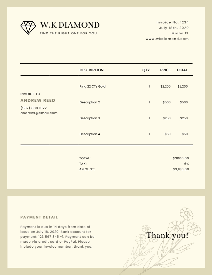 Sample of Printable Jewelry Receipt Template