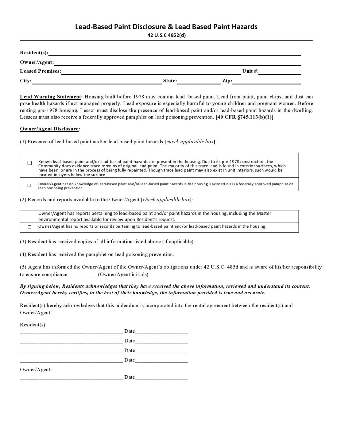 Sample of Printable Lead Based Paint Disclosure Form | Templateral