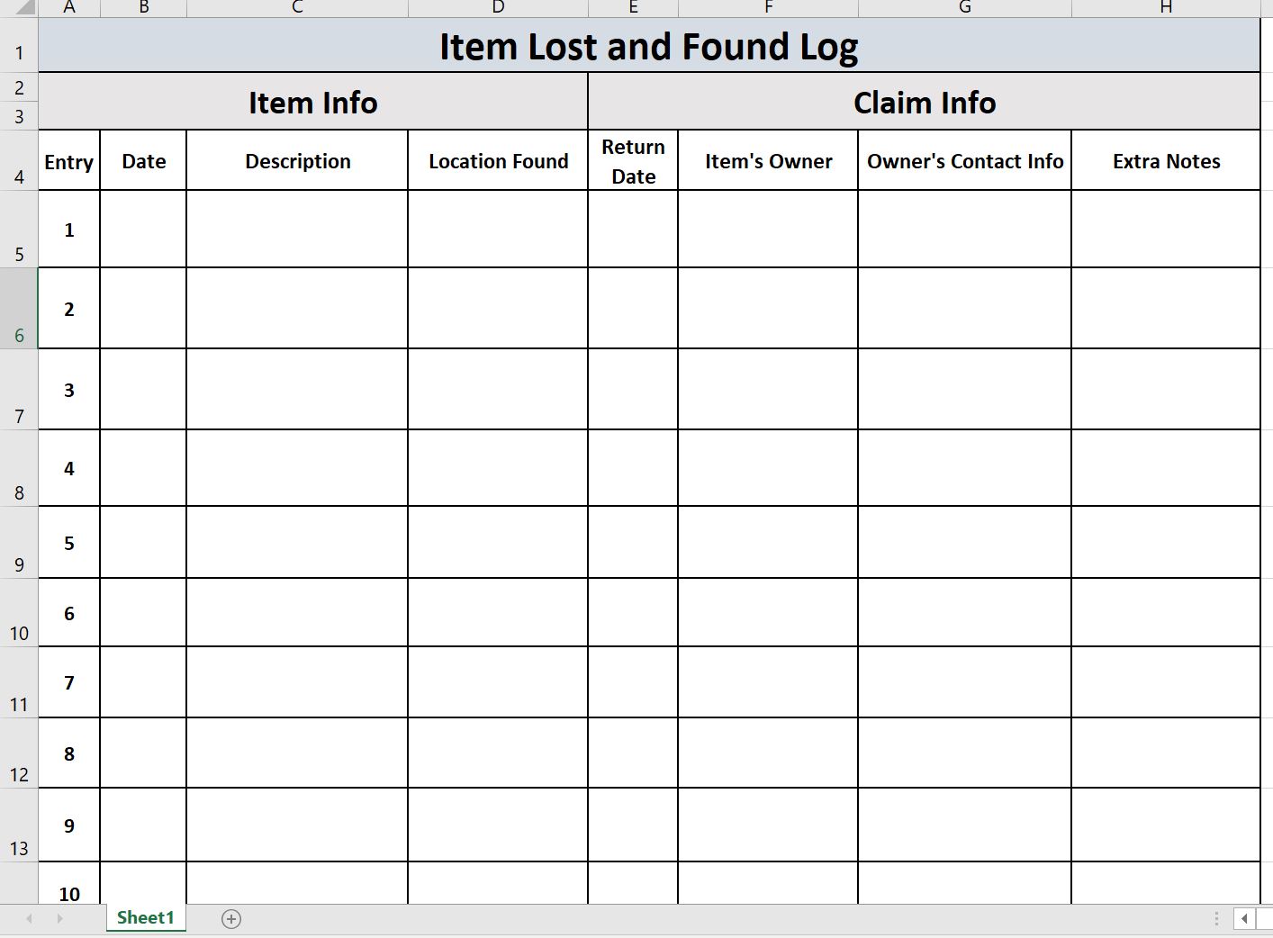 Sample of Printable Lost And Found Log Template | Templateral