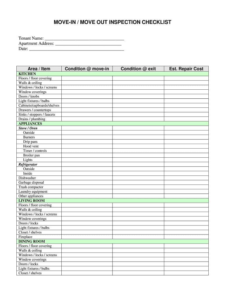 Sample of Printable Move in Checklist Template