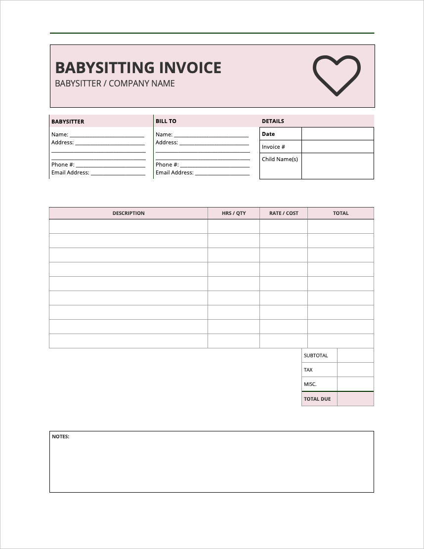 Sample of Printable Nanny Receipt Template