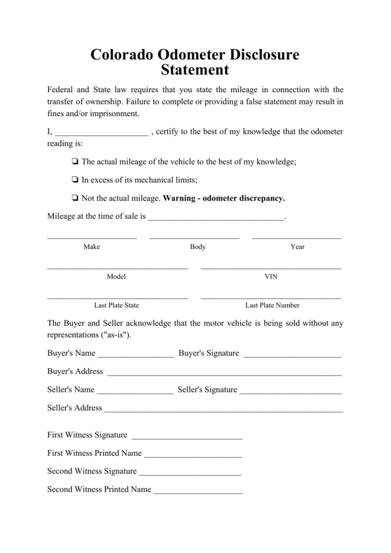 Sample Of Printable Odometer Disclosure Statement Form 