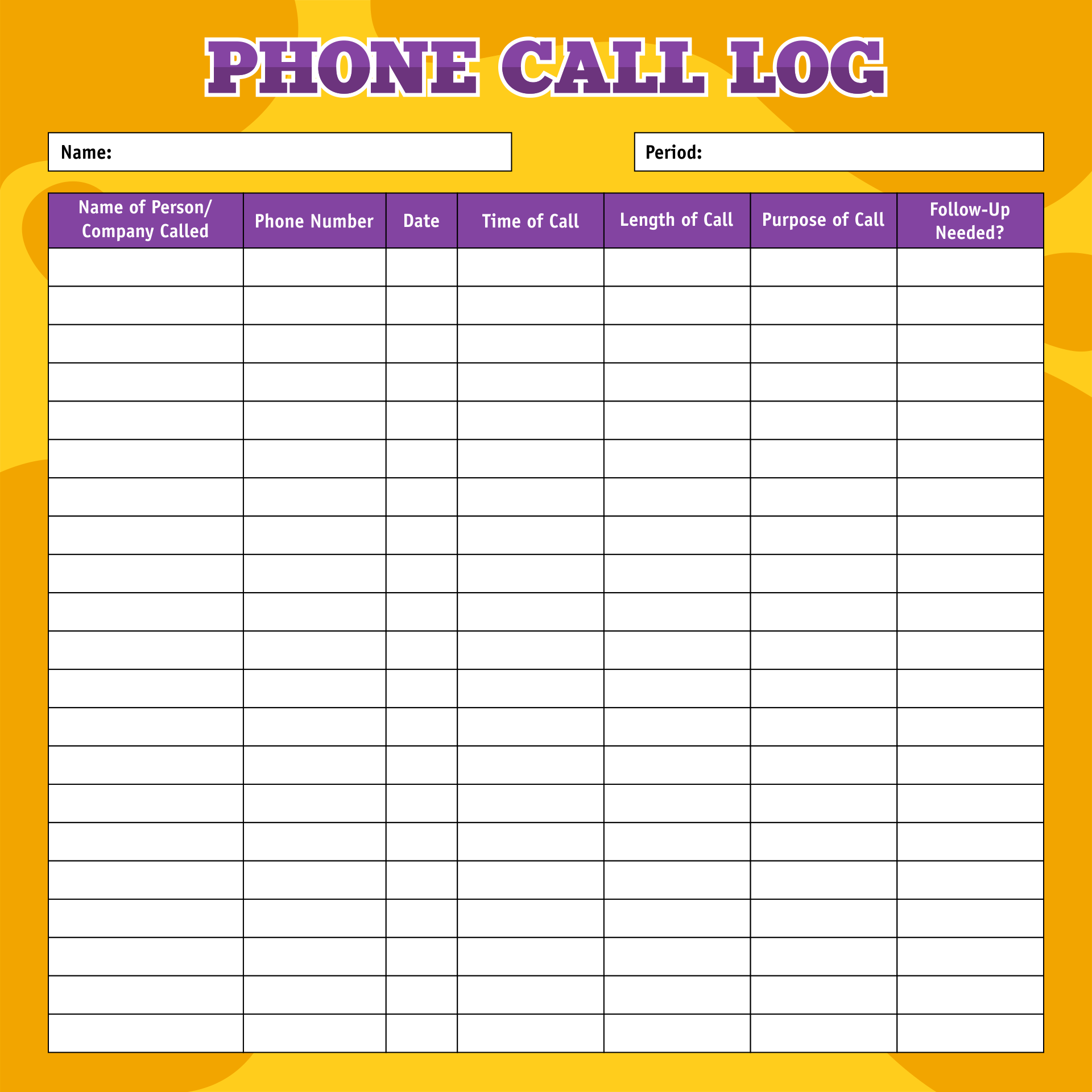 Sample of Printable Phone Call Log Template