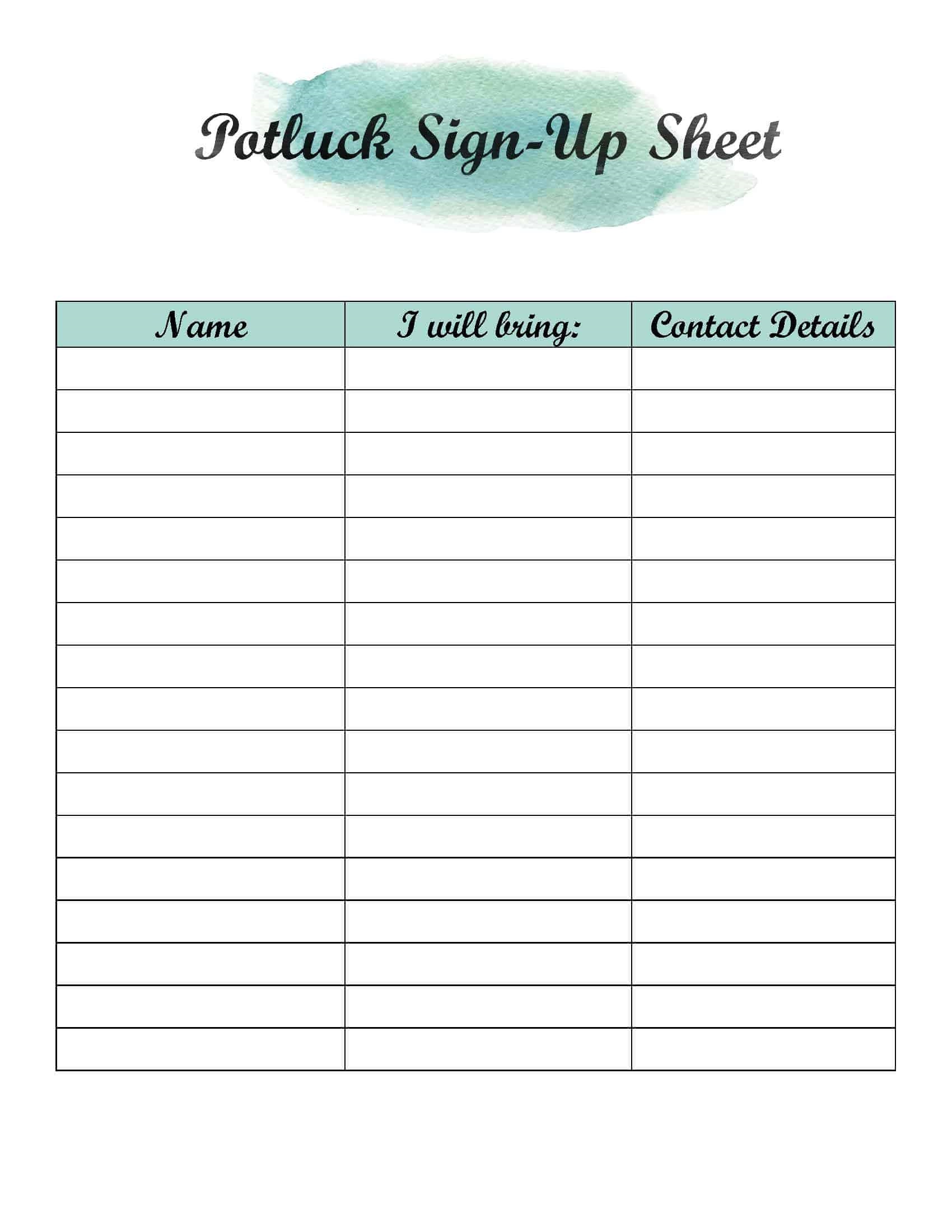 Sample of Printable Potluck Sign up Sheet Template