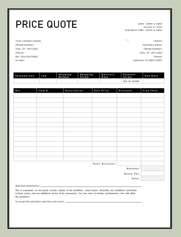 Sample of Printable Price Quotation Template