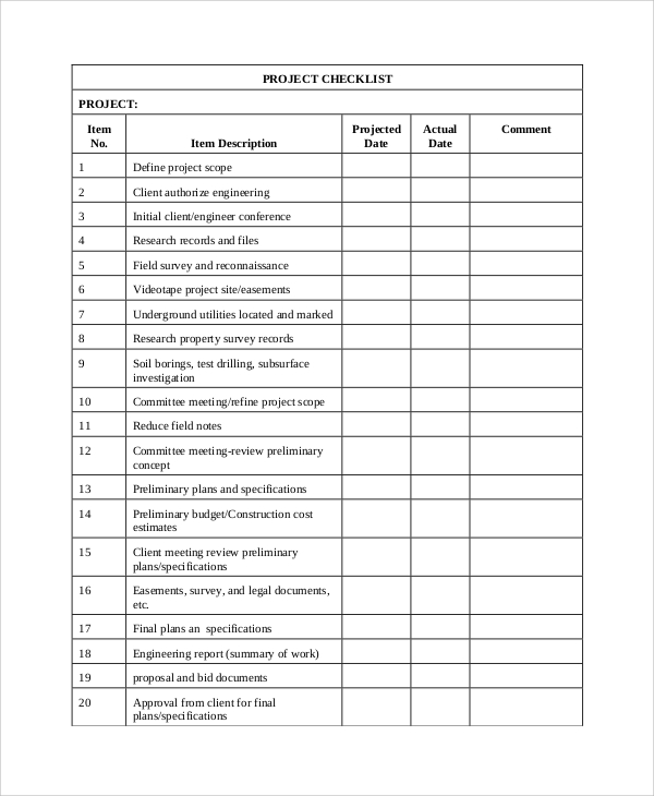 Sample of Printable Project Completion Checklist Template