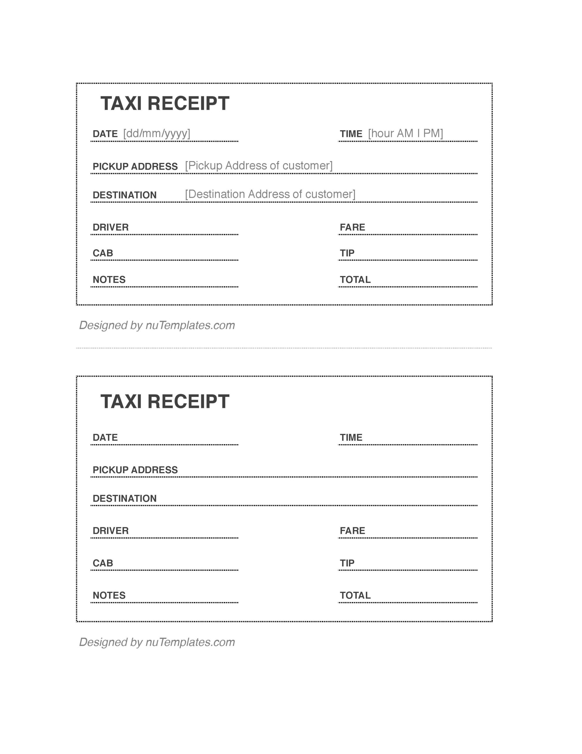 Sample of Printable Taxi Receipt Template